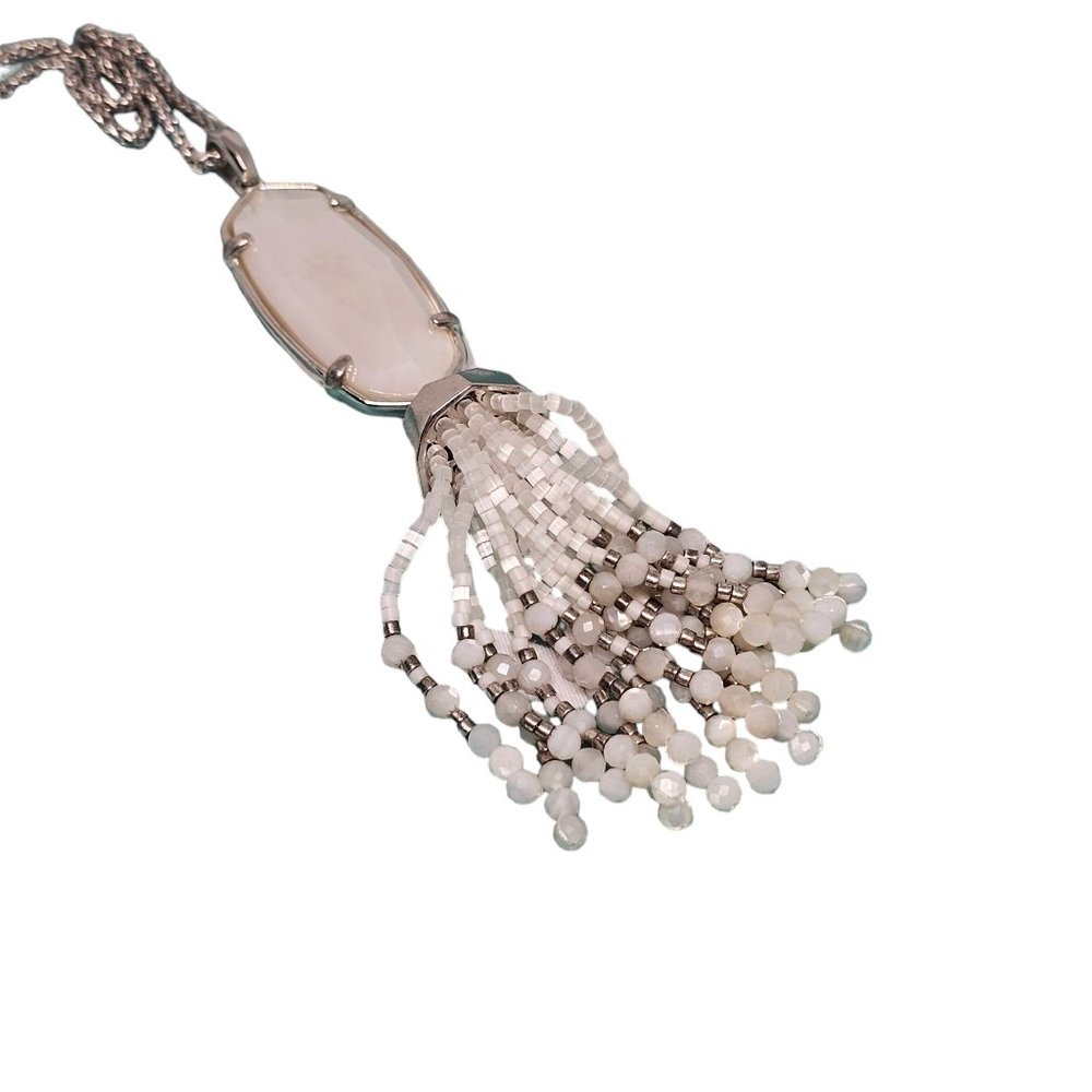 Kendra Scott Eva Necklace White Mother Of Pearl Long Tassel Pedant Beaded Silver - Picture 10 of 12